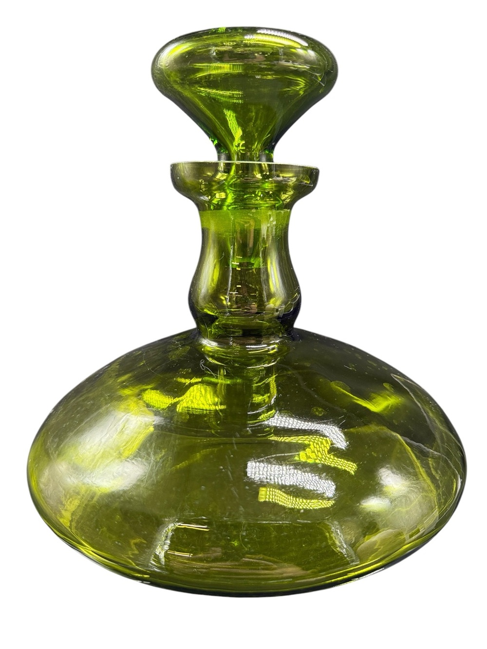 Vintage Olive Green Art Glass Decanter With Ground Glass Stopper MCM - Picture 3 of 11